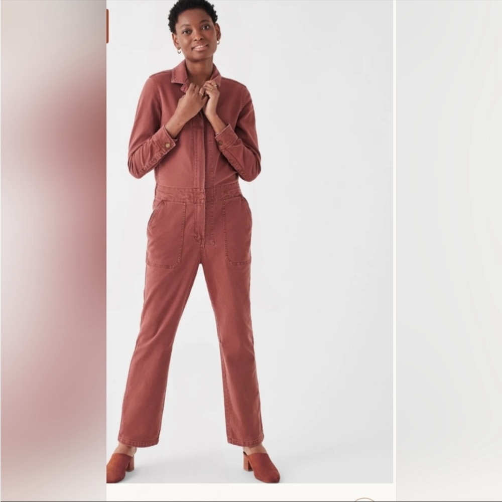 Faherty Overland Twill Jumpsuit in Henna Wide Leg Zip Collared Organic Cotton S